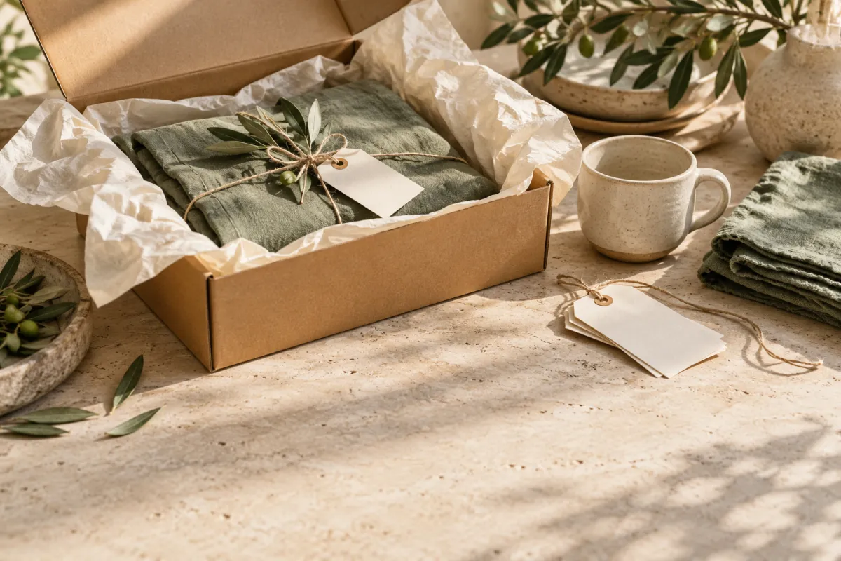 Illustration: a shipping box with linen and ceramics on a shop packing table