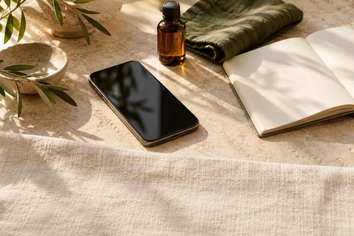 Illustration: a phone, notebook and boutique products on a work desk